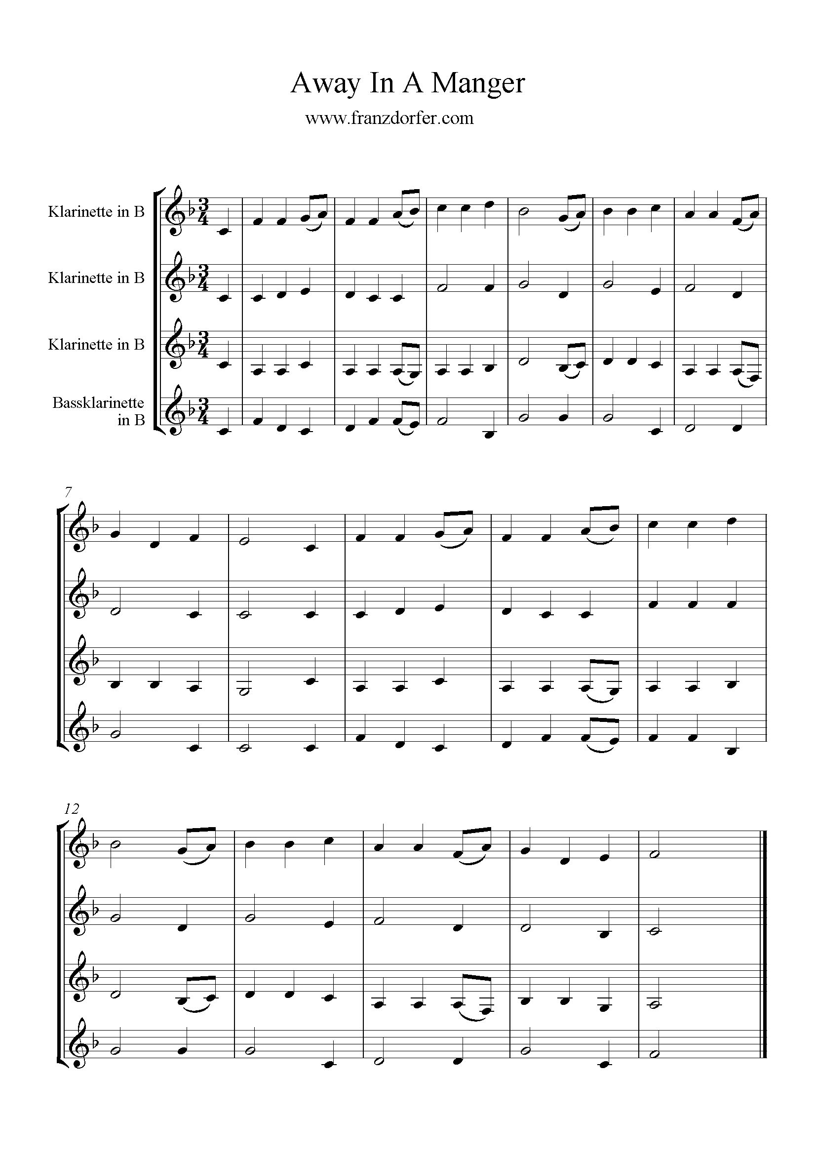 Noten, Klarinettenquartett, Away in a Manger, F-Dur